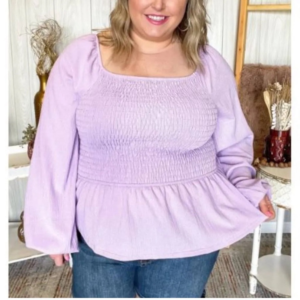 White Birch purple smocked flowy Sleeve peplum boutique Shirt size 1X